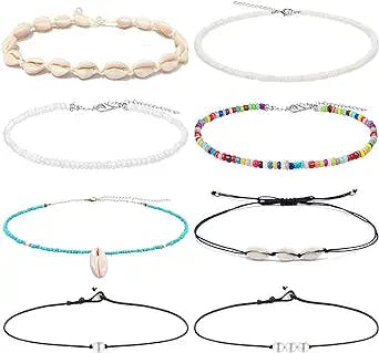 FUNEIA 8PCS Shell Choker Necklaces for Women Puka Shell Necklace Pearl Necklace Bohemian Beaded Necklaces Set Adjustable
