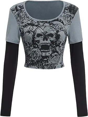 SOLY HUX Women's Skull Floral Y2K Crop Tops Halloween Color Block Long Sleeve Tee T Shirt