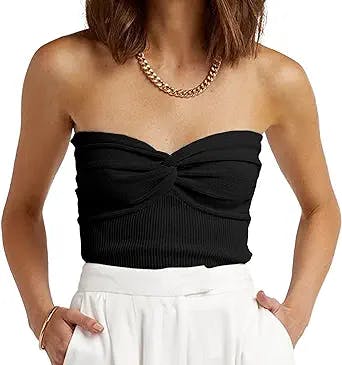 Womens Strapless Crop Top Sexy Sweetheart Neck Ribbed Knit Twisted Knot Front Sleeveless Y2K CamisoleTanks Top