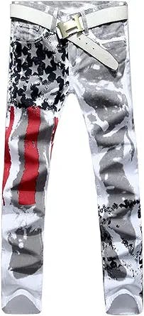 Longe Mens American USA Flag Printed Washed Jeans White Fit Trousers Pants