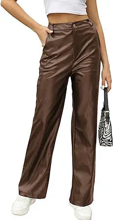 Keevoom Wide Leg Leather Pants for Women, Womens High Waist Straight Baggy Relaxed Fit Faux Leather Pants