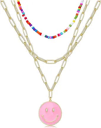 NLCAC 14K Gold Layered Beaded Necklaces for Women-Detachable Colorful Beaded Choker Dainty Paperclip Chain Smiley Face Pendant Necklace Y2k Jewelry