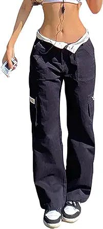 Women Low Waist Ripped Jeans Y2K Wide Leg Baggy Cargo Jeans Vintage Printed Grunge Denim Pants Trendy Streetwear