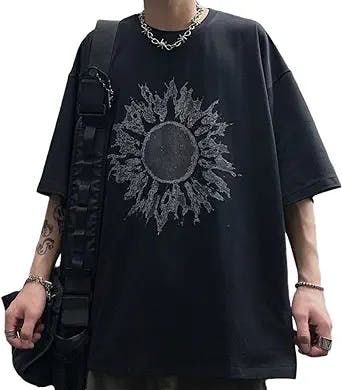 Men Women Gothic Sun Graphic T-Shirt Y2K Dark Academia Punk Short Sleeve Tops Emo Alt Hiphop Streetwear Blouse Clothes