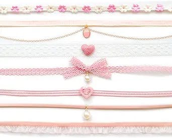 Nova&Aria Chokers Set For Women Heart Choker Necklaces Flower Pendant Velvet Cute Pink Turquoise Blue White Black Choker Necklace Christmas Colorful Lace Chokers For Teen Girl
