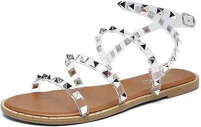 katliu Women's Flat Sandals Strappy Studded Sandals Gladiator Sandals with Ankle Strap