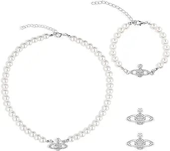 HEIMAXING Saturn Pearl Necklace y2k Necklace Choker Indie Necklace Bracelet Earrings Jewelry Set