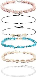 SHIWE 6PCS Bohemian Puka Shell Choker Necklaces for Women Girls Handmade Hawaii Beads Pearls Cowrie Shells Choker Necklace Beach Jewelry Set