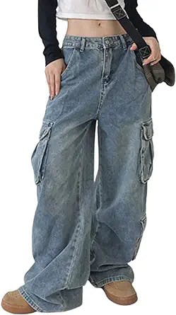 Jeans for Women Y2k Low Waist Wide Leg Denim Jeans Loose Baggy Cargo Jeans Vintage E-Girl Streetwear