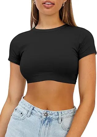 Haochic Womens Crop Tops Crewneck Y2K Summer T-Shirt Basic Short Sleeve Fitted Knit Ribbed Casual Blouse Cute Tee Shirt