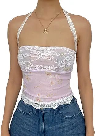Women Y2K Sexy Lace Camisole Low Cut Slim Fit Sleeveless Spaghetti Strap Tank Crop Tops Vintage Fairy Streetwear