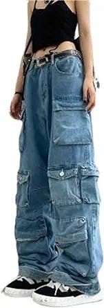 Jeans for Women Grunge High Waist Baggy Jeans Flap Pocket Relaxed Straight Wide Leg Y2K Cargo Trousers Streetwear