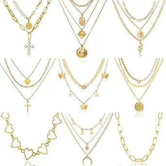 9PCS Gold Metal Layered Chain Necklace For Women Girls, Gold Choker Necklace Set,Y Pendant Necklaces, Pearl Necklace, Chunky Dainty Y2K Goth Lock Coin Butterfly Snake Sun Link Choker Necklace Multilayer Jewelry