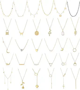 Honsny 30PCS Layered Choker Necklace for Women Girls Coin Moon Star Multilayer Choker Necklaces Charm Tiered Choker Chain Gold Necklace Set Adjustable Silver Bar Pendant Y Necklace for Teens