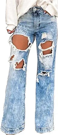 Women?S Ripped Holes Wide Legs Jeans Baggy Street Style Straight Fit Jean Trousers Casual Loose Washed Denim Pants