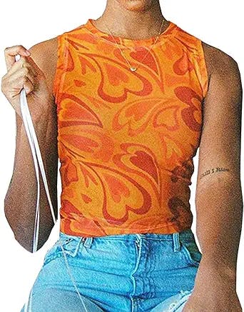 Y2k Mesh Crop top for Women Sexy See Through Heart Wave Print Cute Summer Tanks