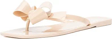 Olivia Miller Women’s Fashion Ladies Shoes, PVC Jelly w Bow & Thong Flip Flops Style Slip On Open Toe Trendy Casual Summer Geli Slide Flat Sandals