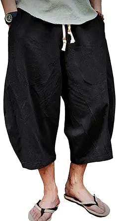 EKLENTSON Mens Capri Long Shorts Below Knee Loose Fit Elastic Drawstring Tapered Casual Linen Shorts Men
