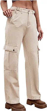 High Waist Cargo Jeans for Women Flap Pocket Relaxed Fit Straight Boyfriend Cut Wide Leg Y2k Pants Baggy Look Jeans