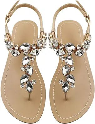 AIJIVOU Women's Rhinestone Flat Sandals, Women Flip Flops with Clip Toe RingBeadeed Rhinestone Crystal Jeweled Sandal Shoes for Summer Beach Oceanside Holiday Outdoor