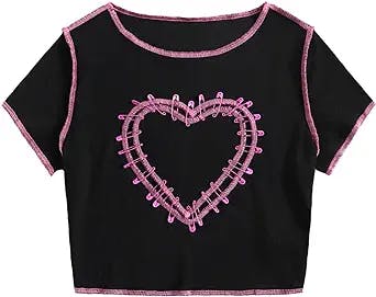 WDIRARA Women's Heart Pattern Short Sleeve Lettuce Trim Rib Knit Crop Tee T Shirt