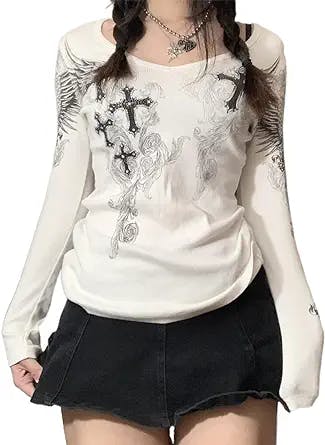 Women Y2k Fairy Grunge Graphic Tees Vintage Long Sleeve T Shirts Aesthetic Blouses Teen Girls Slim Fit Fall Tops
