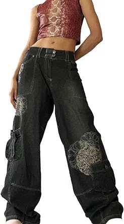 Y2K Baggy Women Wide Leg Straight Pants Vintage Denim Cargo Trousers E-Girl Streetwear