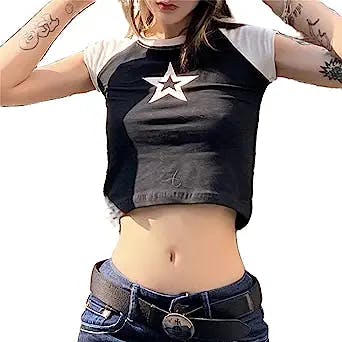 Womens Teen E Girls Y2k Vintage Aesthetic Star Graphic Print Crop Tops Fairy Grunge Baby Tees Shirt Clothes