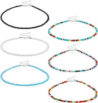 Hicarer 6 Pieces Women Bohemian Necklaces Seed Bead Necklaces Glass Beaded Choker Jewelry for Women and Girls