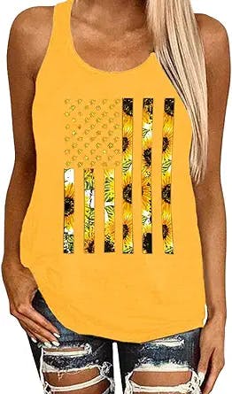 Ferrtye Womens Summer Sunflower Racerback Tank Tops American Flag Print Sleeveless Loose Fit Casual Shirts