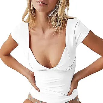 Dekithorn Women's Sexy Backless T-Shirts Deep V Neck Short Sleeve Y2K Crop Tops Cute Crop Cami Summer Casual Fit Tee