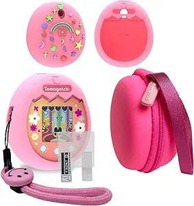 JCHPINE Hard Carrying Case and Silicone Cover Compatible with Tamagotchi Pix Interactive Virtual Pet Game Machine, Screen Film Protector for Tamagotchi Pix Accessories (Pink)