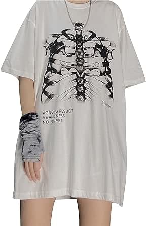 Womens y2k Gothic Punk Skeleton Crop Top E-Girls 90s Goth Vintage Short Sleeve T Shirt Graphic Print Streetwear