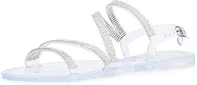 Olivia Miller Women’s Fashion Ladies Shoes, Isola PVC Jelly & Embellished Glitter Rhinestones Strappy Geli & Adjustable Ankle Strap Open Toe Trendy Casual Summer Slide Flat Sandals