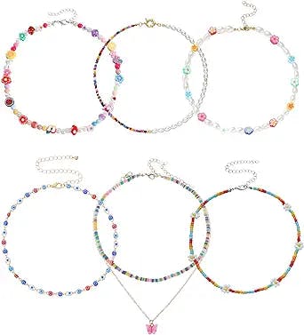 SaSbSc 9 Pcs Y2k Beaded Choker Necklace Colorful Flower Evil Eye Mushroom Jewelry Aesthetic Bead Choker Necklaces for Teen Girls Women Christmas Valentine's Day Gift