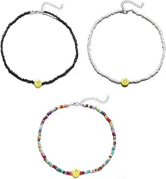 Yuozeony Smiley Face Beaded Chain Choker Friendship Necklaces, Best Friends Necklaces Set for 3, Cute Preppy Y2k Necklace Gifts for Sisters Women Girls