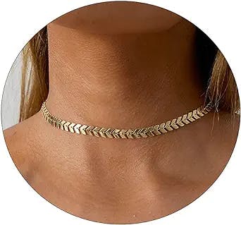 Sewyer 14K Gold Plated Choker Necklace for Women Dainty Coin Chain Chokers Simple Lighting Bolt Fishbone Necklaces Everyday Jewelry Gifts