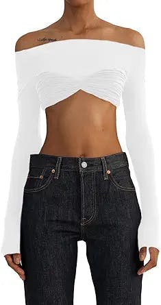 Women’s Crop Tops Y2K Off Shoulder T-Shirts Long Sleeve Sexy See Through Mesh Sheer Skinny Slim Fit Crop Tee Blouse Tops