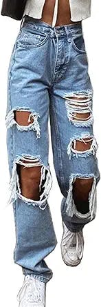 Women Ripped High Waisted Jeans Boyfriends Baggy Hole Denim Wide Leg Straight Trousers Y2k Streetwear Vintage Loose Pants