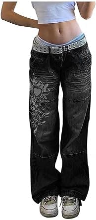 Jeans for Women High Waist Baggy Y2K Jeans Teen Girls Butterfly Print Wide Leg Denim Pants Streetwear