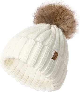 FURTALK Kids Winter Hat Toddler Knitted Pom Beanie Hat Cotton Lined Faux Fur Pom Pom Cap Baby Girls Boys Beanies