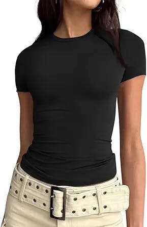 Trendy Queen Womens Basic T-Shirts Scoop Neck Short Sleeve Crop Tops Cute Summer Tops Slim Fit Tees Y2k Clothing