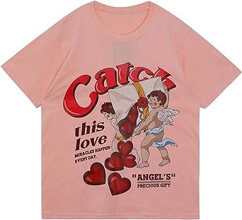 Aelfric Eden Women’s Pink Graphic Heart Print Shirt Love Angel Cartoon Casual Tee