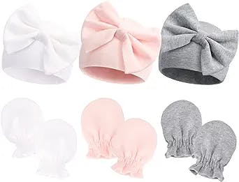 Newborn Beanie Hat Gloves Set, Baby Girl Beanie Spring Summer Autumn Winter Hats for Newborn Infant Cotton