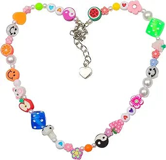 VOHO Y2K Jewelry Aesthetic Necklace for Teen Girls Women, Flower Fruit Heart Yin Yang Polymer Clay Beads Smiley Face Necklaces Ring, Cute Y2K Choker Pearl Jewelry