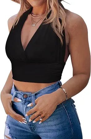 Rock Your Y2K Look with Adreamly Women's Sexy Deep V Neck Halter Neck Backl