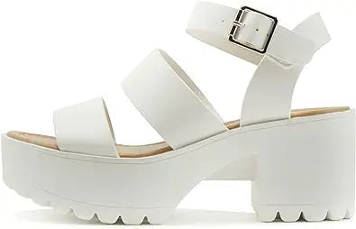 Soda ACCOUNT ~ Women Open Toe Two Bands Lug sole Fashion Block Heel Sandals with Adjustable Ankle Strap