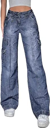 Women Low Waisted Wide Leg Denim Jeans Aesthetic Vintage Baggy Pockets Pants Casual Trousers Y2K E-Girl Streetwear