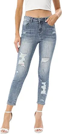 BOKSIYUR Women's High Waisted Butt Lift Stretch Stretch Ripped High Waisted Jeans Frayed Destroyed Denim Pants