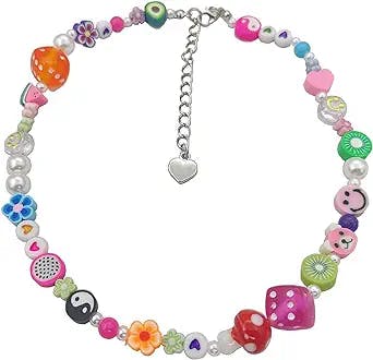 Y2K Necklace for Women Colorful Fruit Pearl Choker Necklace Cute Mushroom Yin Yang Beaded Necklace Handmade Resin Flower Smile Face Jewelry for Teen Girls